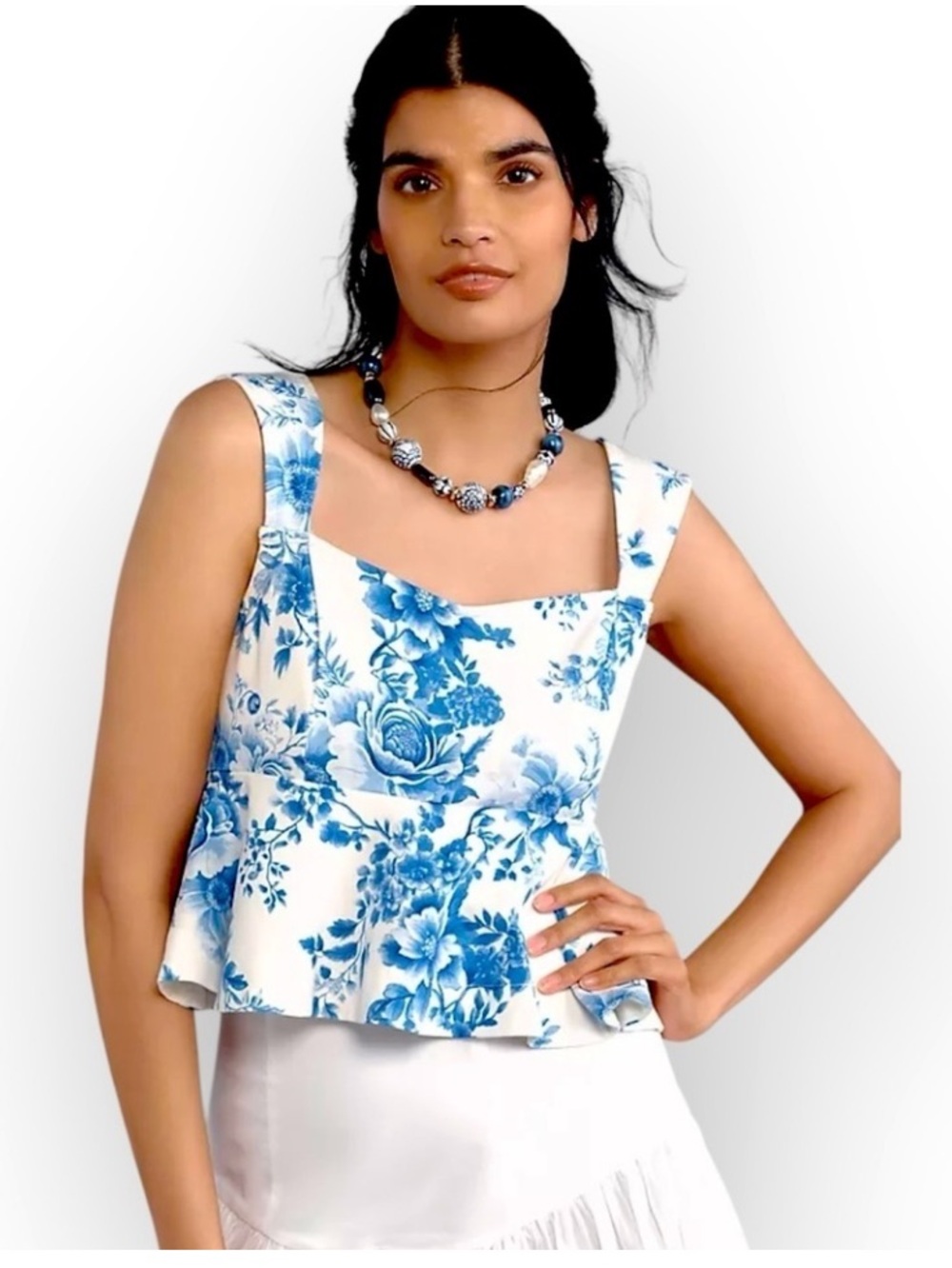 Anthropologie Maeve Blue White Peplum Crop Tank Top Piece SZ S